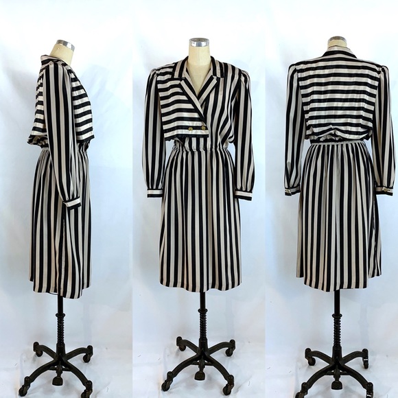 Vintage Dresses & Skirts - Vintage 80s Striped Dress Gold Buttons Medium